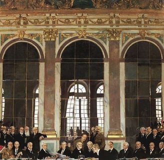 Historic painting of the Treaty of Versailles signing in the Hall of Mirrors at the Palace of Versai