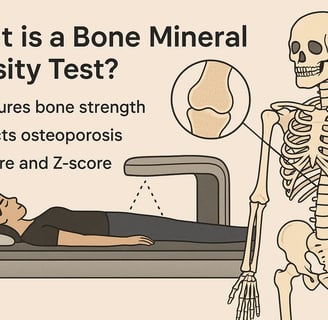 Illustration showing a woman undergoing a bone mineral density test using a DEXA scan machine