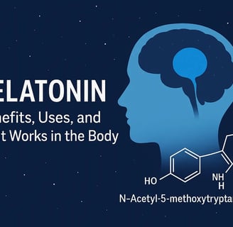 Illustration of melatonin production in the brain showing the pineal gland and chemical structure