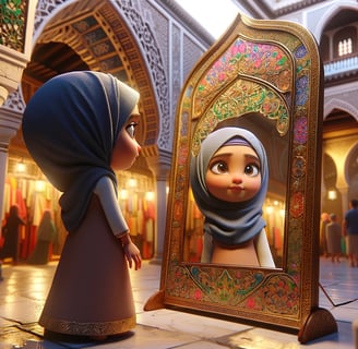 Amina wearing hijab looking at mirror