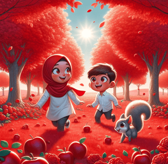 a boy and a girl are walking through a field of apples