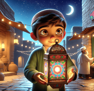 Ahmed holding a lantern in a street