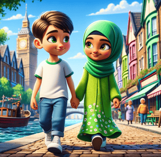 A semi-realistic animated scene in London, depicting Amina and Yusuf, two 8-year-old children, walki