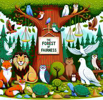 a forest scene with a lot of animals and birds