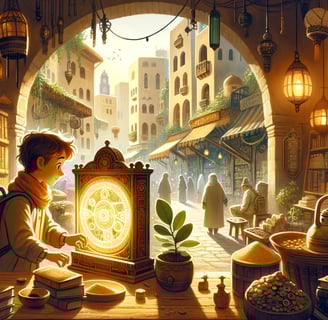 a young boy in the ancient city of Medina, surrounded by old bookshops and spice stalls. The boy is