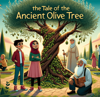 a cartoonish picture of a family in a garden, olive tree.