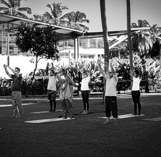 Outdoor morning yoga practice. Breathing patterns can change with physical activity.