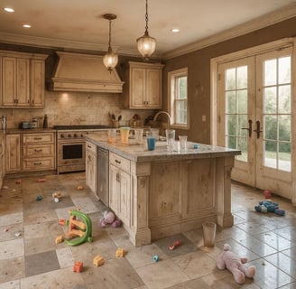 Messy kitchen before NexaPro cleaning service with toys and debris on floor