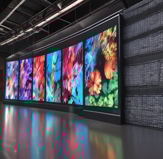 A wall-mounted screen displays an image of a woman with dark hair tied back. The screen is set against a white tiled wall in a room with dim lighting. The floor appears to be made of a light-colored stone or concrete material. A black soundbar or speaker is positioned just below the screen.