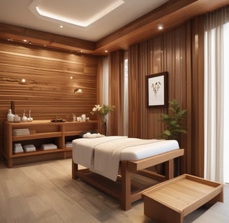 A modern and stylish beauty salon interior featuring wooden accents and a sleek design. The salon has a spacious layout with multiple salon chairs and mirrors under warm pendant lighting. Plants are used as decorative elements, adding a fresh and inviting atmosphere. The reception area has a wooden backdrop with the salon's name displayed, and there's a mix of contemporary furniture and decor.