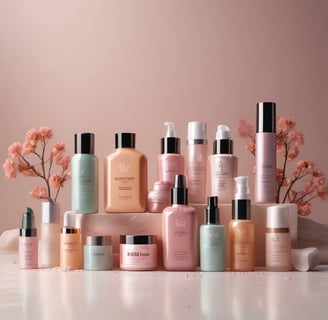 A well-stocked shop shelf filled with various beauty and wellness products, including bottles, boxes, and jars. The shelves are neatly organized with different color-coded sections containing skincare bottles, soaps, and colorful packaging. The lighting is warm and inviting.