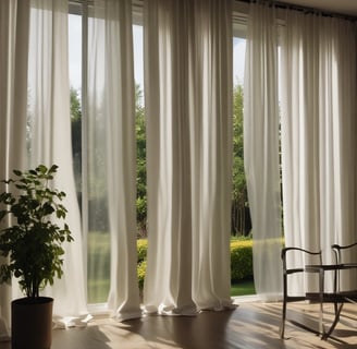 Ornate sheer curtains with intricate floral patterns hang on a window, filtering the warm sunlight. The view outside shows urban buildings under a clear blue sky and architectural elements of a balcony railing.