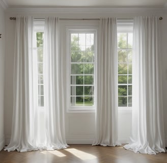 A set of light beige curtains are elegantly draped on either side of a window, allowing soft natural light to pass through. The window offers a view of a garden with green foliage visible outside. The interior features a stone wall with a dark marble texture and a speckled tile floor. Subtle decorative detailing around the window frame adds to the classic look.