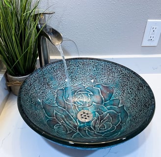 Vessel sink with waterfall faucet in Sunnyvale ADU bathroom remodel   