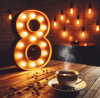 a number 8 on a table next to a coffee cup