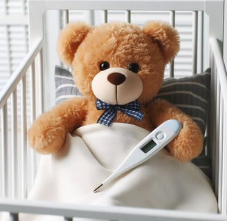 Teddy Bear with a thermometer in bed