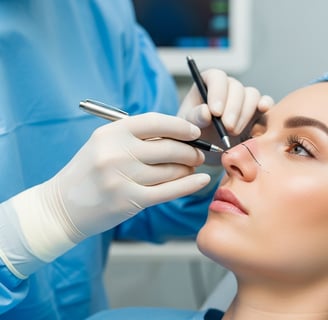  A person in a surgical cap with their eyes open is having their nose marked with a pen by a gloved hand, likely