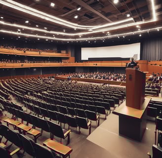 A large audience is gathered in an auditorium for a lecture. The stage features a banner with the text 'From Depression to Success' and the speaker's details. The audience appears attentive, with most people seated. There are potted plants on the stage, and the room is lit with warm lighting.