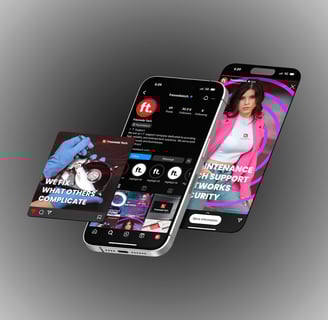 Telefone com telas de redes sociais abertas exibindo identidade visual e design profissional.