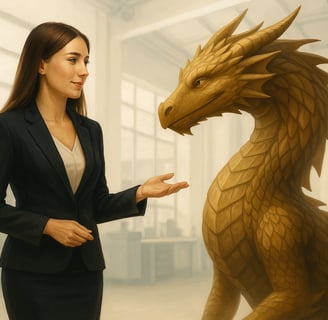 a dragon whispering advices and empowering a young dynamic business leader