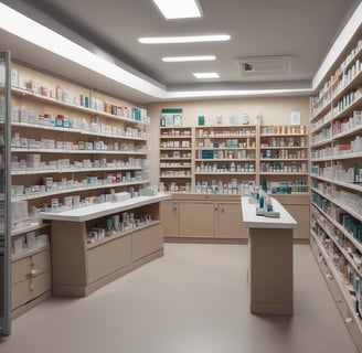 A clean and well-organized pharmacy interior with bright lighting. The central counter is labeled for prescriptions and is surrounded by shelves stocked with various pharmaceutical products. The predominant color scheme involves green and white, reflecting the pharmacy's branding. The aisles are spacious and neatly arranged with products.