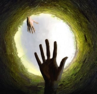 a hand reaching up for help ftom bottom of a well. Another hand reaching down to help them.