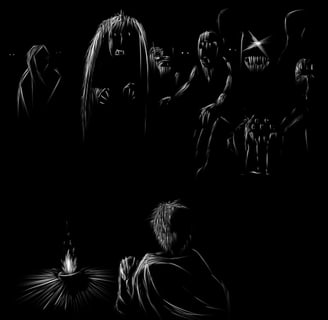 black and white image of monsters coming to get child in the dark