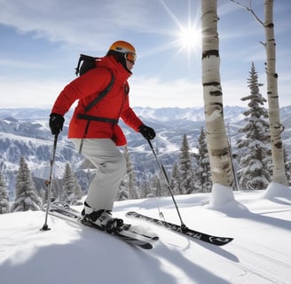 A picturesque mountain hotel with green shutters stands tall against a backdrop of a snowy, rugged mountain. The building is rustic and charming, with multiple floors and balconies. A group of people wearing winter gear sits outside on the snow, enjoying the sunny weather.