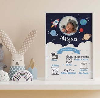Quadro Nascimento com dados do bebê foguete astronauta espaço quarto de menino