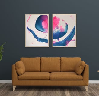 Peinture abstraite à l'Aquarelle et encre bleu et rose