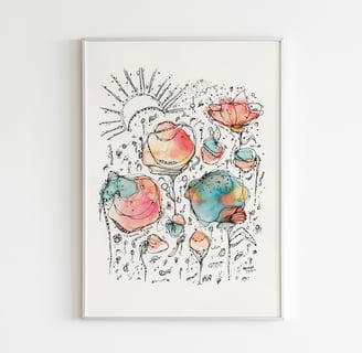 Illustration à l'encre et aquarelle de fleurs surréalistes dans un jardin 