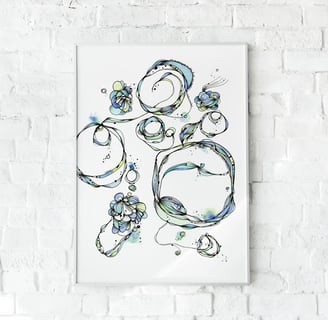 peinture de bulles à l'encre noir et aquarelle bleu et verte