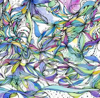 Aquarelle et encre abstraite dans les tons bleus verts et violets