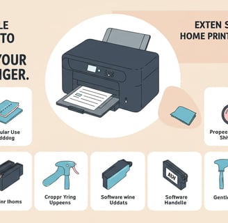Illustration showing 10 maintenance tips to extend the life of your home printer, including regular