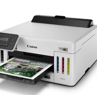 Canon MegaTank GX5120 printer printing a high-quality color document, featuring visible ink tanks an