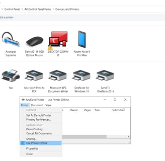 Troubleshooting menu on Windows for diagnosing and fixing printer offline errors.