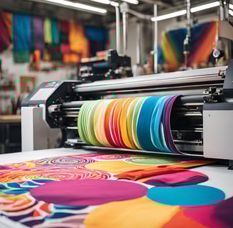 Close-up of a modern T-shirt printer printing a colorful design on a blank T-shirt.