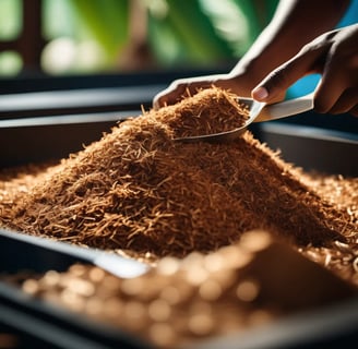 The image shows a person's hands using a scoop to gather a pile of brown, fibrous material