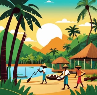 Illustration of a tropical beach scene with palm trees and a bright sun in the sky. Groups of villagers are engaged 