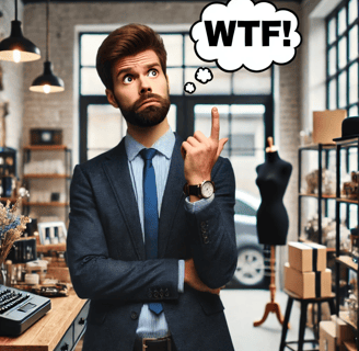 A business owner thinking WTF about marketing strategy.
