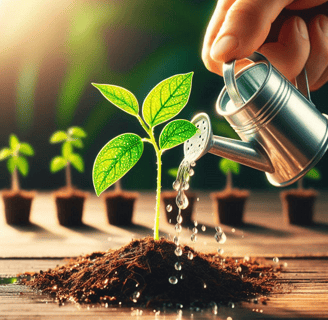 a person watering a plant with a watering can