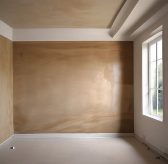 A room under renovation with unfinished walls and windows. A person is working on the floor, surrounded by construction materials including paint buckets, wooden planks, and plastic sheets. Sunlight streams in through the large windows, casting shadows on the partially plastered walls.