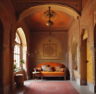 An elegant room showcasing orange furnishings and a decorative ceiling design.