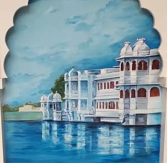 A serene painting depicting a majestic palace reflected on calm waters, surrounded by lush greenery and a clear sky