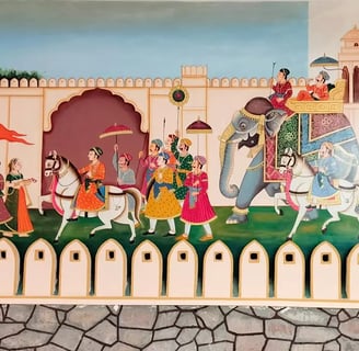 A colorful mural showcasing Indian individuals in traditional attire, enhancing the ambiance of the room