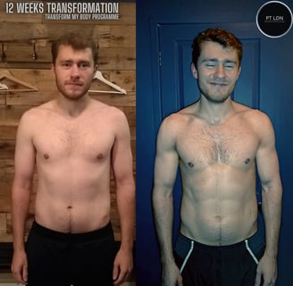 A before and after gym body transformation of a man in his 20s with his top off and more muscle