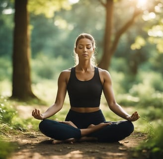 Woman practicing pranayama in forest, sitting cross-legged with eyes closed.