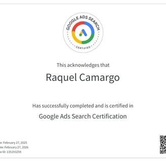 White picture with Google ads  bardge - aknowledges that raquel camargo is certified