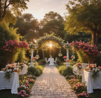 A bouquet of white and peach flowers is prominently placed in the foreground on a natural grassy setting, while in the background, a slightly out-of-focus wedding couple gazes at each other, creating a serene and romantic atmosphere.