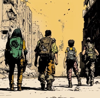 a family walking down a street in a ruined city